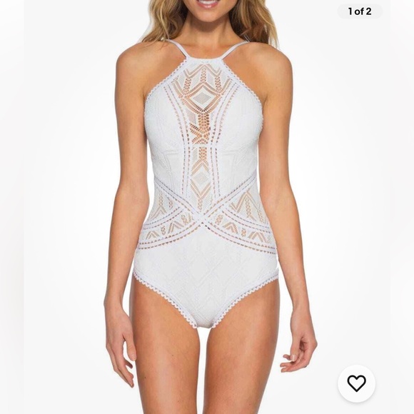 🤍 BECCA Prarie Rose WHITE High Neck Halter CROCHET LACE One Piece SWIMSUIT | S - Picture 9 of 15
